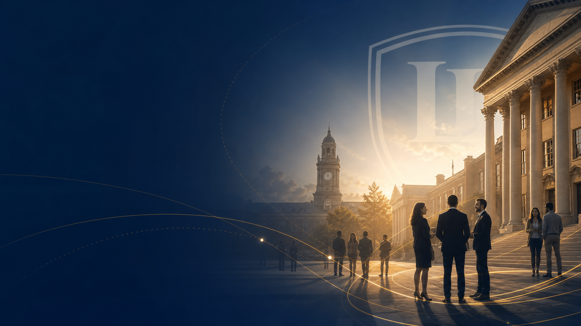 Alumni leaders gathered outside a historic campus at golden hour